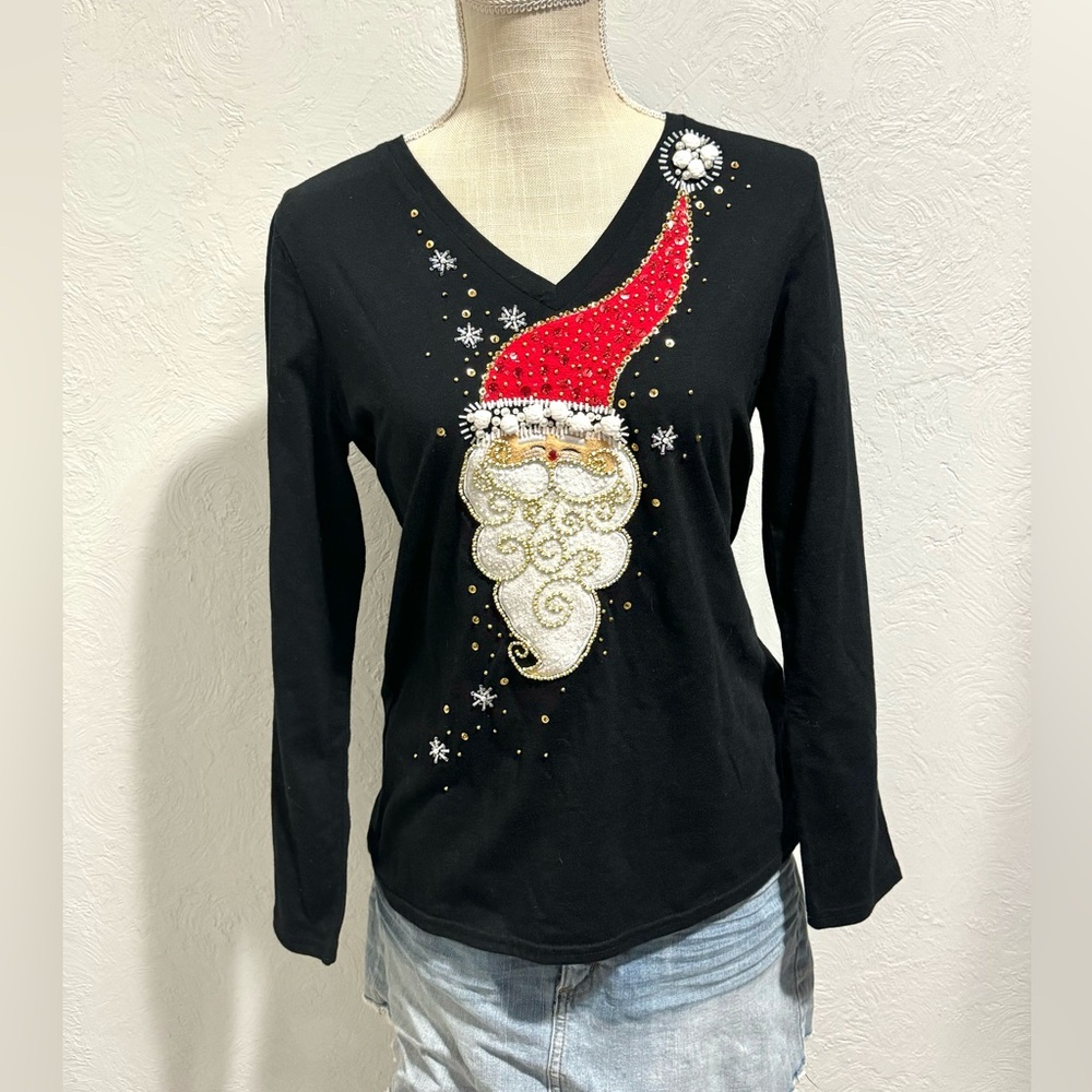 Berek Studio Beaded Santa Sweater Long Sleeved Christmas Top Women’s Size Small